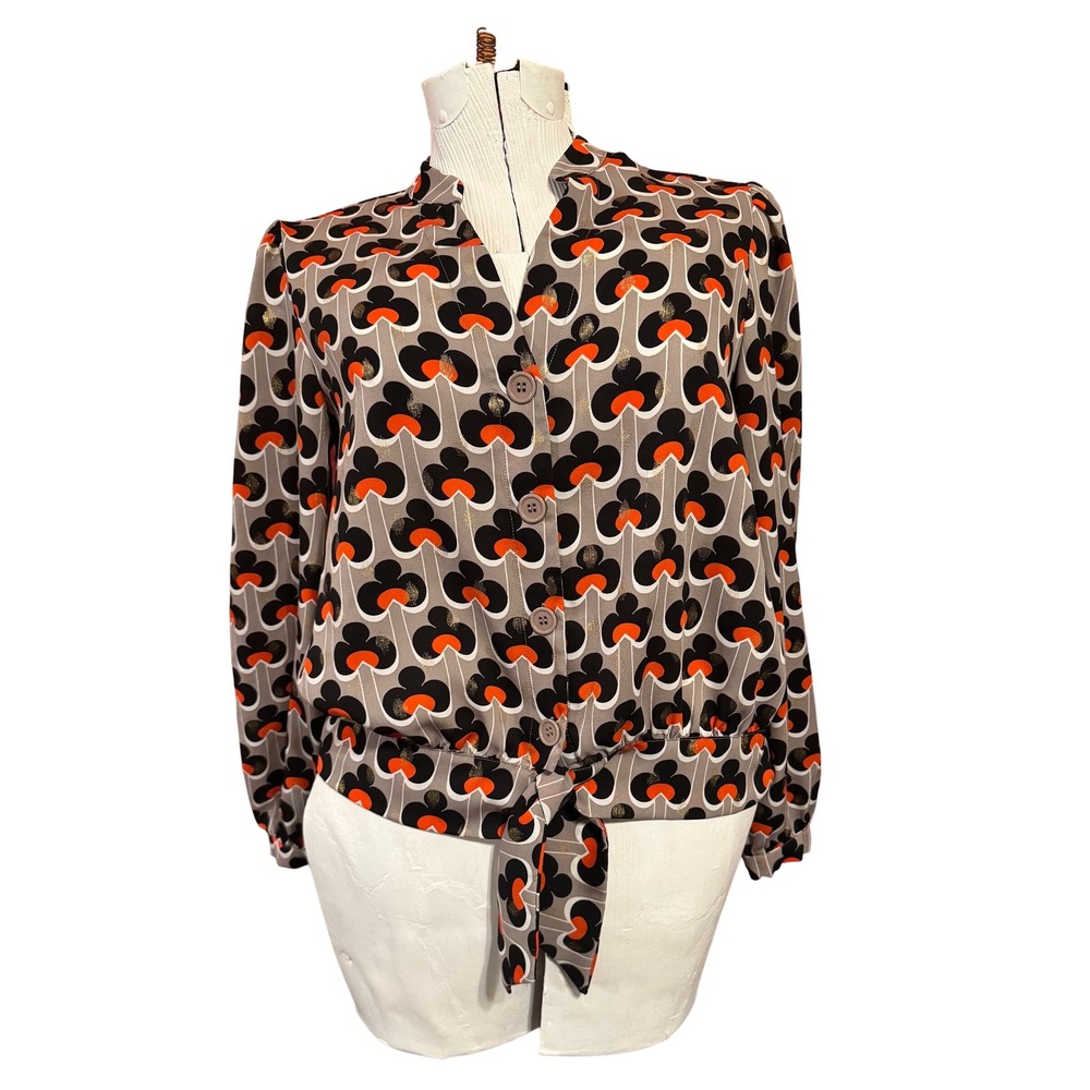 Jade Melody Tam Retro Floral Tie Hem Blouse Black Gold Metallic Large Mod